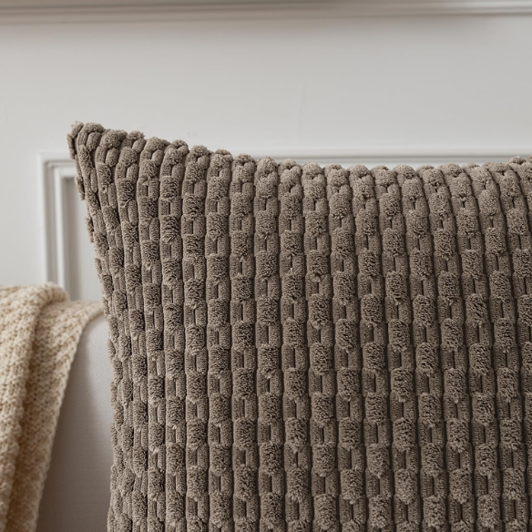 Taupe striped corduroy throw pillow cover with zipper closure, ideal for modern and boho home décor.