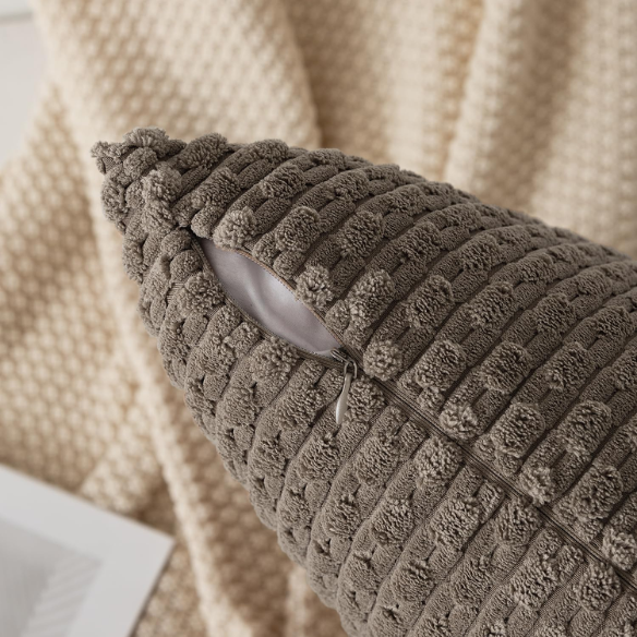 Taupe striped corduroy throw pillow cover with zipper closure, ideal for modern and boho home décor.