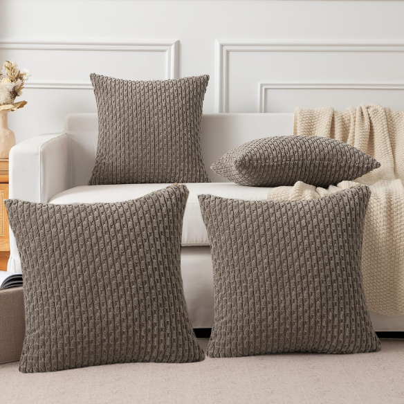 Taupe striped corduroy throw pillow cover with zipper closure, ideal for modern and boho home décor.
