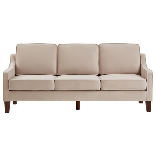 Elegant taupe velvet 3-seater sofa with plush cushions, modern design, and wood frame – perfect for living rooms or formal lounges.