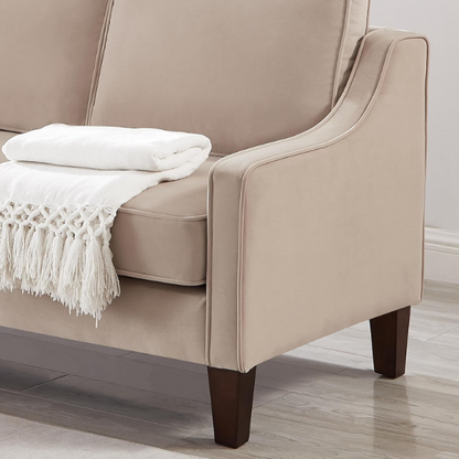 Elegant taupe velvet 3-seater sofa with plush cushions, modern design, and wood frame – perfect for living rooms or formal lounges.
