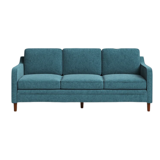 Teal chenille upholstered sofa with curved track arms, soft foam cushions, and tapered wooden legs in a mid-century modern style.