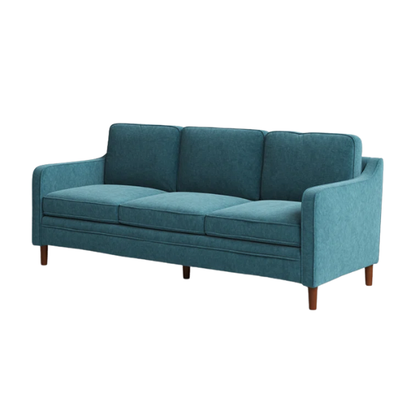 Teal chenille upholstered sofa with curved track arms, soft foam cushions, and tapered wooden legs in a mid-century modern style.