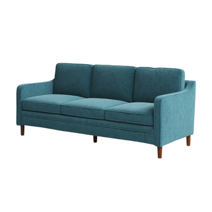 Teal chenille upholstered sofa with curved track arms, soft foam cushions, and tapered wooden legs in a mid-century modern style.