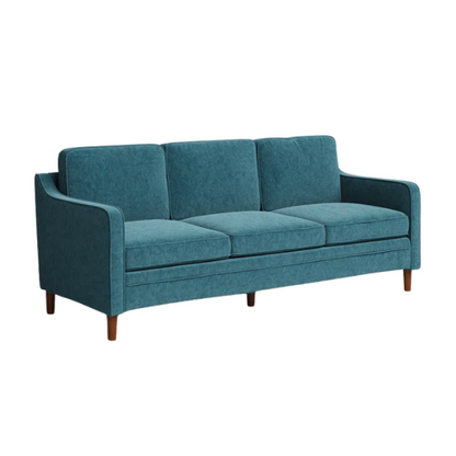 Teal chenille upholstered sofa with curved track arms, soft foam cushions, and tapered wooden legs in a mid-century modern style.