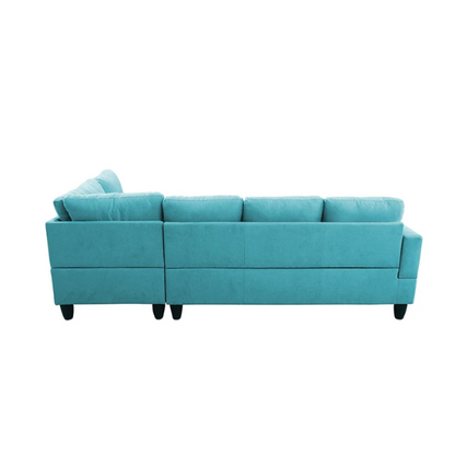Teal L-shaped sectional sofa with right-facing chaise and ottoman, microfiber upholstery and light gray wooden legs