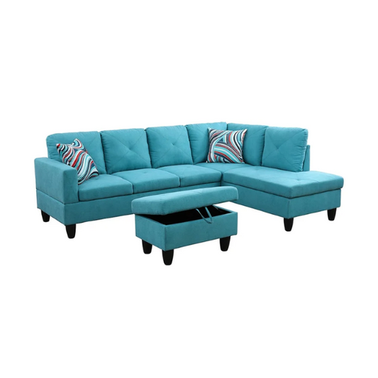 Teal L-shaped sectional sofa with right-facing chaise and ottoman, microfiber upholstery and light gray wooden legs