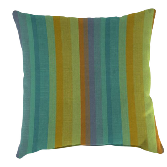 Striped accent pillow in teal, lime green, blue, and orange – reversible, weather-resistant, and overstuffed for indoor and outdoor comfort on patios, porches, or couches.

