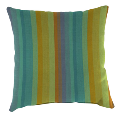Striped accent pillow in teal, lime green, blue, and orange – reversible, weather-resistant, and overstuffed for indoor and outdoor comfort on patios, porches, or couches.

