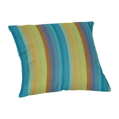 Striped accent pillow in teal, lime green, blue, and orange – reversible, weather-resistant, and overstuffed for indoor and outdoor comfort on patios, porches, or couches.

