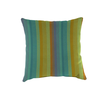 Striped accent pillow in teal, lime green, blue, and orange – reversible, weather-resistant, and overstuffed for indoor and outdoor comfort on patios, porches, or couches.


