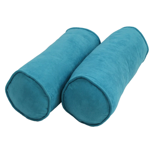 Set of 2 teal bolster throw pillows with soft microsuede covers, corded edges, and removable zippered covers, filled with plush polyester for indoor comfort and style.