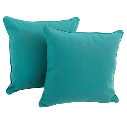 Set of two teal square throw pillows with piped edges and hidden zipper, perfect for modern or transitional home décor

