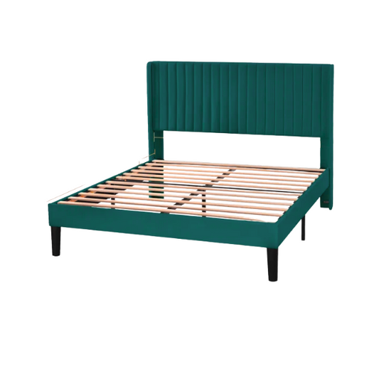 Teal full-size velvet upholstered platform bed with tufted wingback headboard and solid wood frame