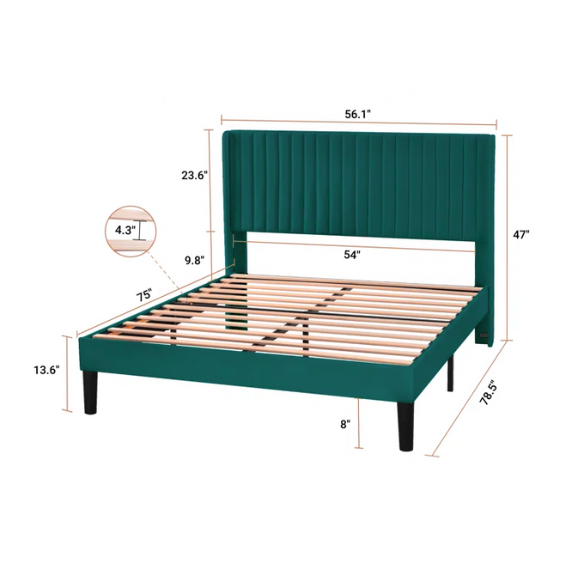 Teal full-size velvet upholstered platform bed with tufted wingback headboard and solid wood frame