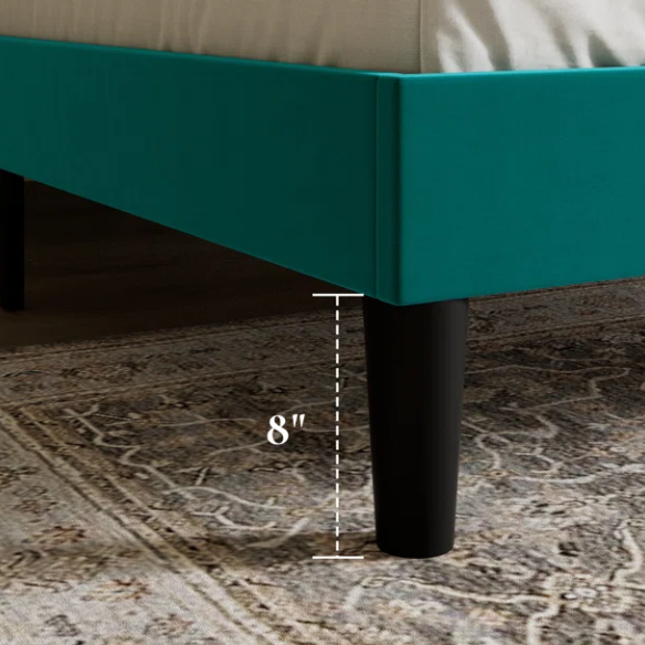 Teal full-size velvet upholstered platform bed with tufted wingback headboard and solid wood frame