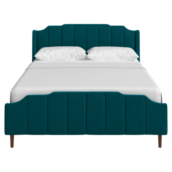 Teal velvet queen platform bed with vertical channel tufted headboard, solid wood frame, and tapered legs – no box spring required


