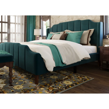 Teal velvet queen platform bed with vertical channel tufted headboard, solid wood frame, and tapered legs – no box spring required

