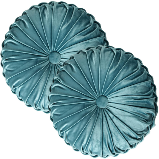 Set of 2 teal pleated velvet round throw pillows with button tufted center – 14.5 inch pumpkin-style decorative cushions for sofa, bed, or cozy nook

