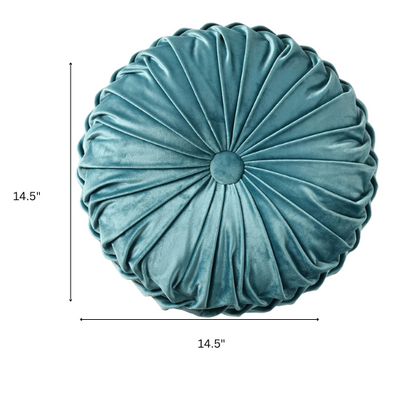 Set of 2 teal pleated velvet round throw pillows with button tufted center – 14.5 inch pumpkin-style decorative cushions for sofa, bed, or cozy nook

