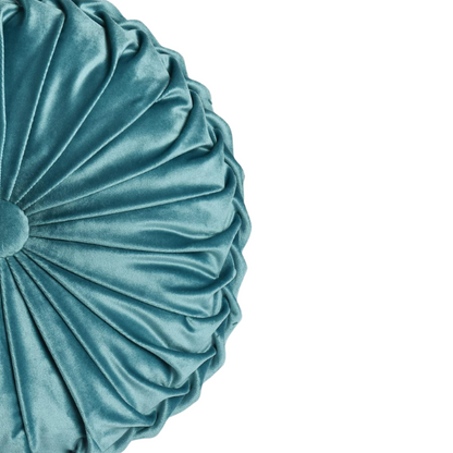 Set of 2 teal pleated velvet round throw pillows with button tufted center – 14.5 inch pumpkin-style decorative cushions for sofa, bed, or cozy nook

