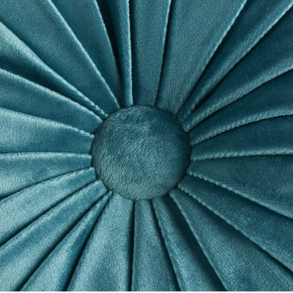 Set of 2 teal pleated velvet round throw pillows with button tufted center – 14.5 inch pumpkin-style decorative cushions for sofa, bed, or cozy nook

