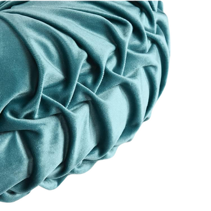 Set of 2 teal pleated velvet round throw pillows with button tufted center – 14.5 inch pumpkin-style decorative cushions for sofa, bed, or cozy nook

