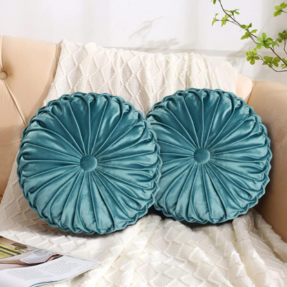 Set of 2 teal pleated velvet round throw pillows with button tufted center – 14.5 inch pumpkin-style decorative cushions for sofa, bed, or cozy nook

