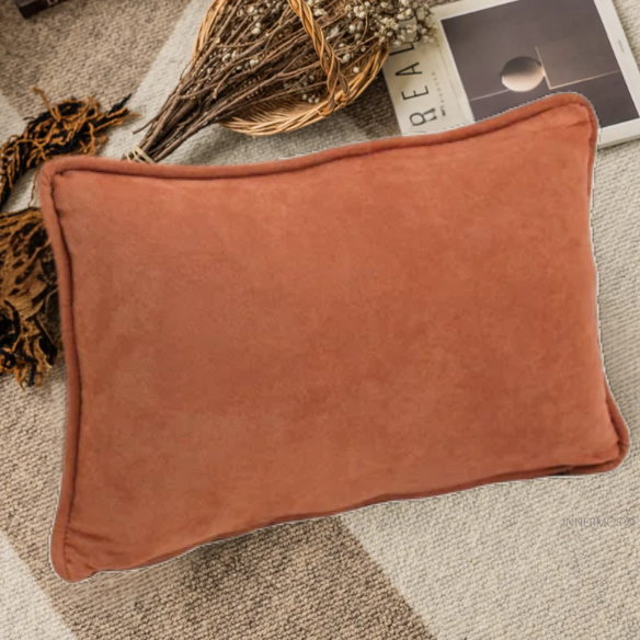 Terracotta microsuede lumbar throw pillow set of 2 with piped edges – decorative rectangular cushions for bed, sofa, or lounge area