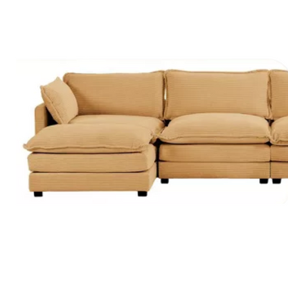 Three-Seater Tan Corduroy Modular Sectional Sofa with Ottoman – Plush high-pile fleece upholstery, movable ottoman for versatile configurations, and thick high-elastic sponge cushions for durable comfort in a modern minimalist design.