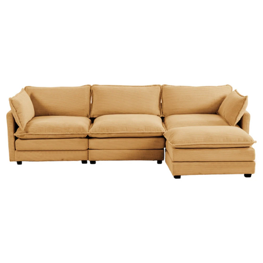 Three-Seater Tan Corduroy Modular Sectional Sofa with Ottoman – Plush high-pile fleece upholstery, movable ottoman for versatile configurations, and thick high-elastic sponge cushions for durable comfort in a modern minimalist design.