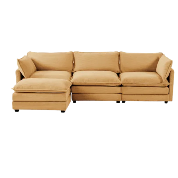 Three-Seater Tan Corduroy Modular Sectional Sofa with Ottoman – Plush high-pile fleece upholstery, movable ottoman for versatile configurations, and thick high-elastic sponge cushions for durable comfort in a modern minimalist design.