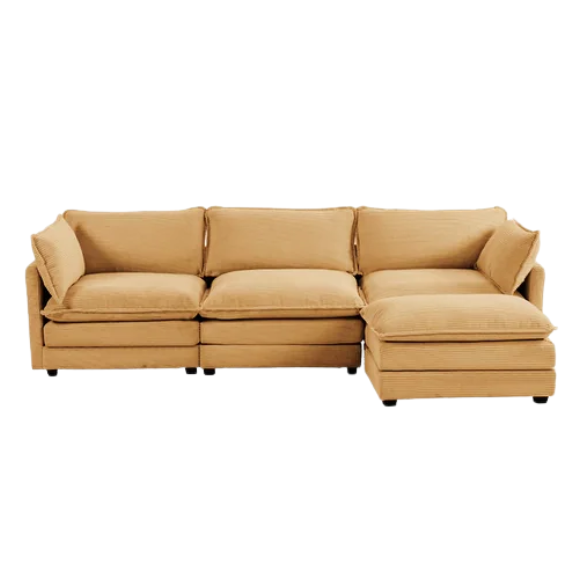 Three-Seater Tan Corduroy Modular Sectional Sofa with Ottoman – Plush high-pile fleece upholstery, movable ottoman for versatile configurations, and thick high-elastic sponge cushions for durable comfort in a modern minimalist design.