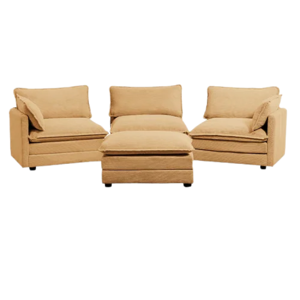 Three-Seater Tan Corduroy Modular Sectional Sofa with Ottoman – Plush high-pile fleece upholstery, movable ottoman for versatile configurations, and thick high-elastic sponge cushions for durable comfort in a modern minimalist design.