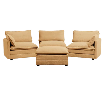 Three-Seater Tan Corduroy Modular Sectional Sofa with Ottoman – Plush high-pile fleece upholstery, movable ottoman for versatile configurations, and thick high-elastic sponge cushions for durable comfort in a modern minimalist design.