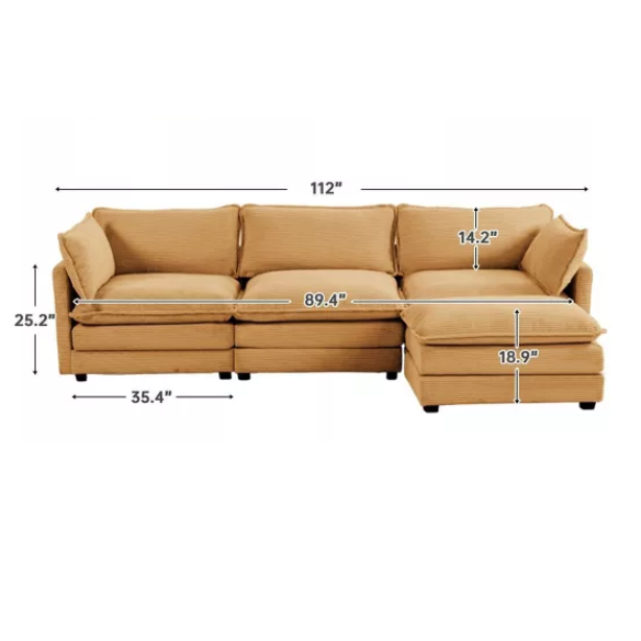 Three-Seater Tan Corduroy Modular Sectional Sofa with Ottoman – Plush high-pile fleece upholstery, movable ottoman for versatile configurations, and thick high-elastic sponge cushions for durable comfort in a modern minimalist design.