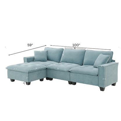 Tranquil sea blue suede L-shaped sectional sofa with tufted seat cushions, reversible chaise, removable ottoman, and two matching throw pillows