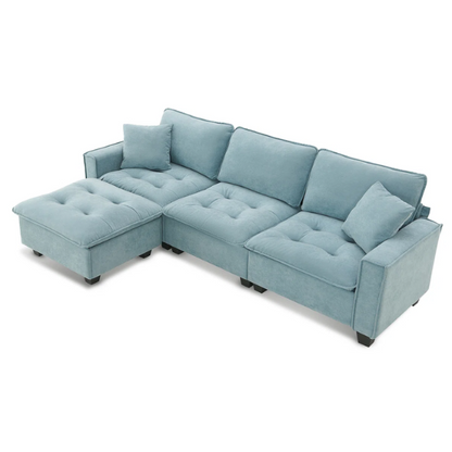 Tranquil sea blue suede L-shaped sectional sofa with tufted seat cushions, reversible chaise, removable ottoman, and two matching throw pillows