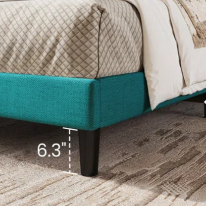 Turquoise linen upholstered queen platform bed with wingback headboard, tapered black legs, and slatted base – no box spring required

