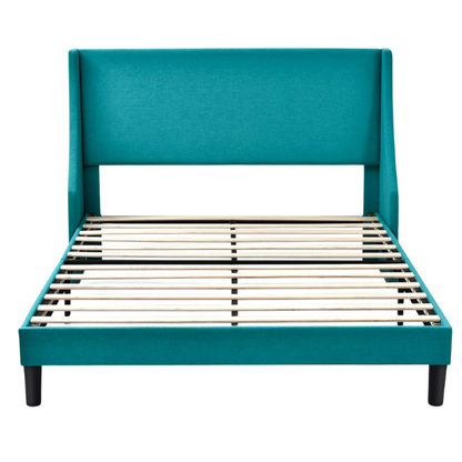 Turquoise linen upholstered queen platform bed with wingback headboard, tapered black legs, and slatted base – no box spring required

