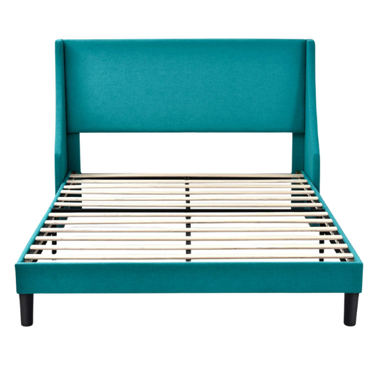 Turquoise linen upholstered queen platform bed with wingback headboard, tapered black legs, and slatted base – no box spring required

