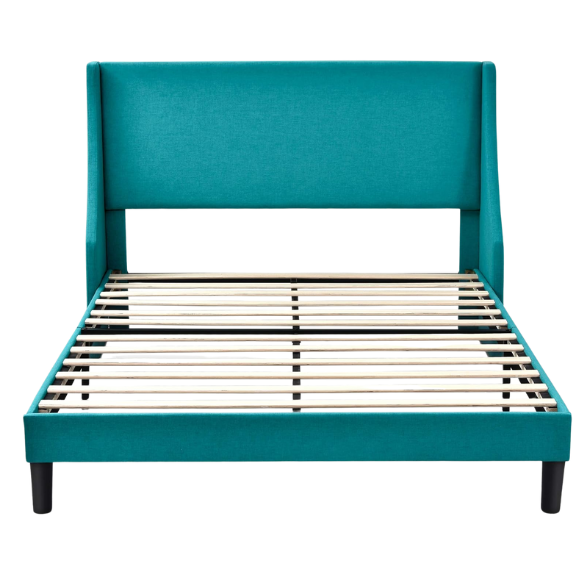 Turquoise linen upholstered queen platform bed with wingback headboard, tapered black legs, and slatted base – no box spring required

