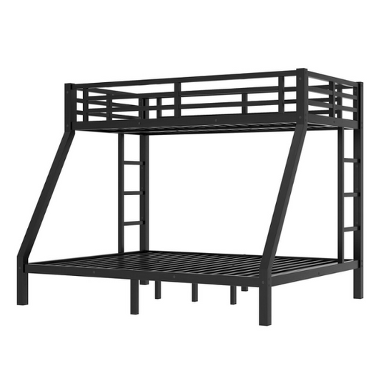 Twin over Full metal bunk bed with removable ladder and underbed storage in black, sturdy and modern design.