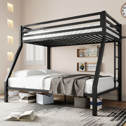 Twin over Full metal bunk bed with removable ladder and underbed storage in black, sturdy and modern design.
