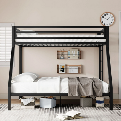 Twin over Full metal bunk bed with removable ladder and underbed storage in black, sturdy and modern design.