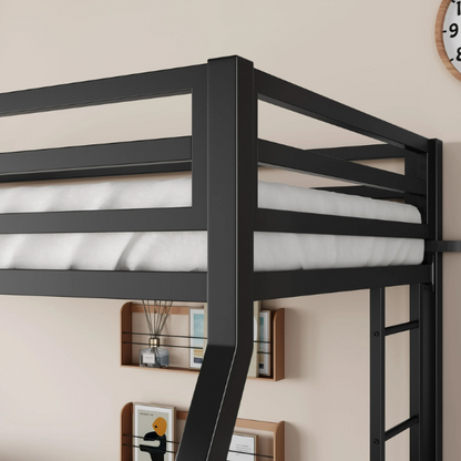 Twin over Full metal bunk bed with removable ladder and underbed storage in black, sturdy and modern design.