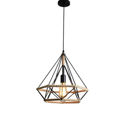 Vintage industrial pendant light with black metal wire shade and manila rope design, E27 socket.