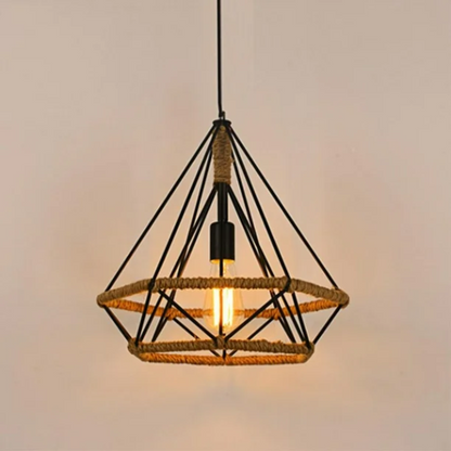 Vintage industrial pendant light with black metal wire shade and manila rope design, E27 socket.