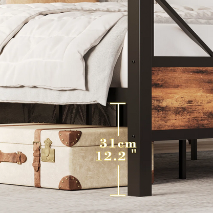 Walnut king-size industrial platform bed with black metal frame, wood panel headboard and footboard, and 12-slat no box spring design

