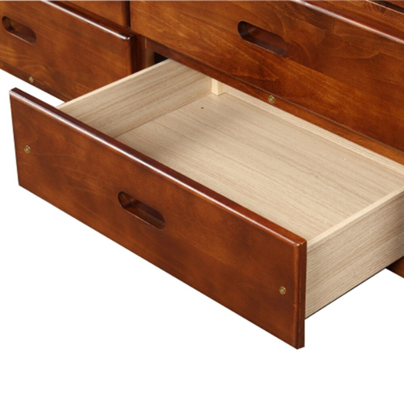 Walnut twin bed frame made of solid pine wood with pull-out underbed storage drawers, non-toxic finish, and slatted base, ideal for kids or teens in a rustic or transitional bedroom.

